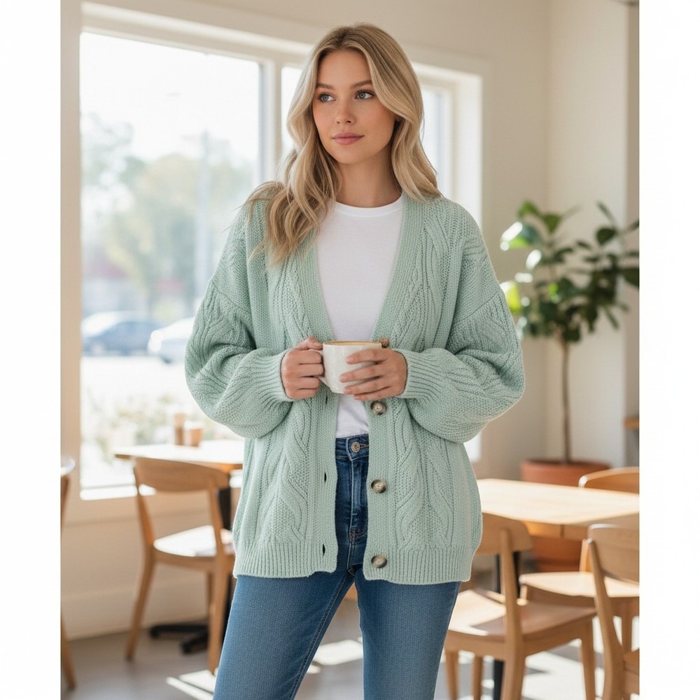 A New Day Cardigan Womens M Green Cable Knit Button Front Cozy Cottagecore‎